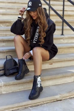 GOE Botki Sznurowane|Czarne Botki*Damskie Botki Trapery z Printem II2N4045 Czarne