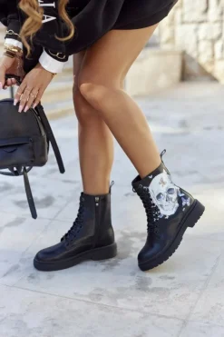 GOE Botki Sznurowane|Czarne Botki*Damskie Botki Trapery z Printem II2N4045 Czarne