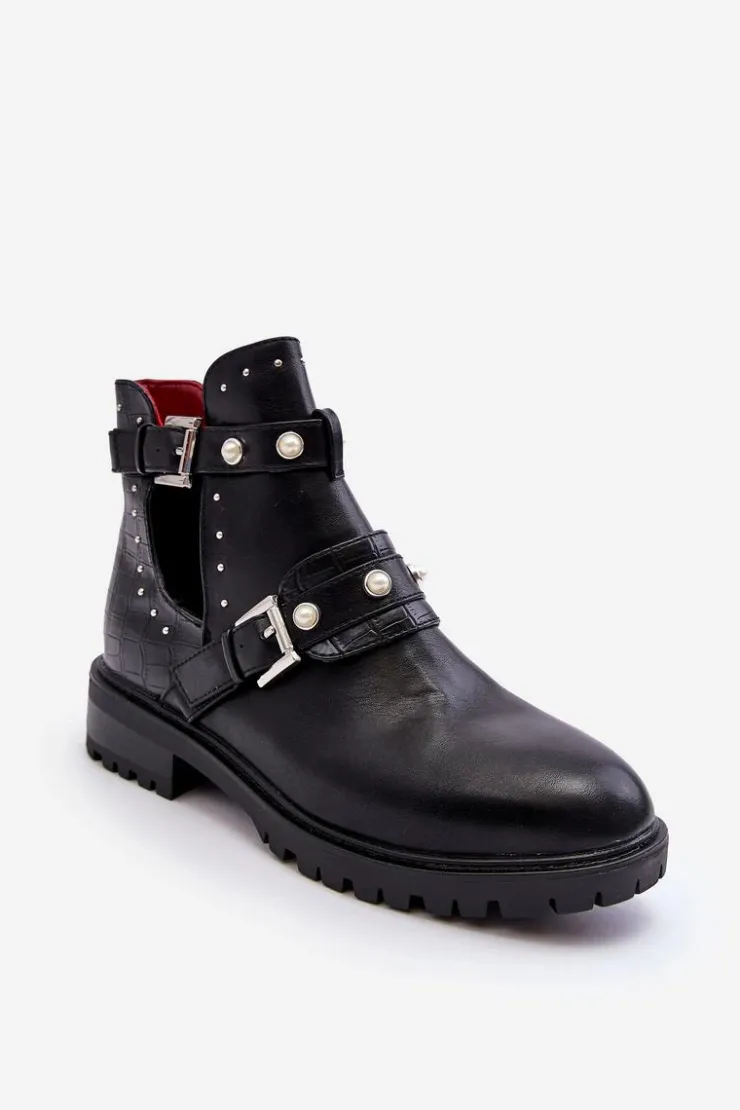 Hot Boto Damskie Botki Trapery Z Perełkami Czarne Klarisa