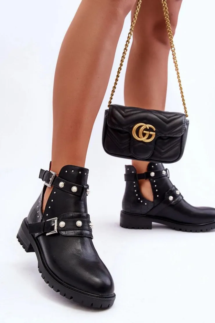 Hot Boto Damskie Botki Trapery Z Perełkami Czarne Klarisa