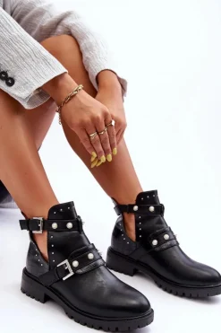 Hot Boto Damskie Botki Trapery Z Perełkami Czarne Klarisa