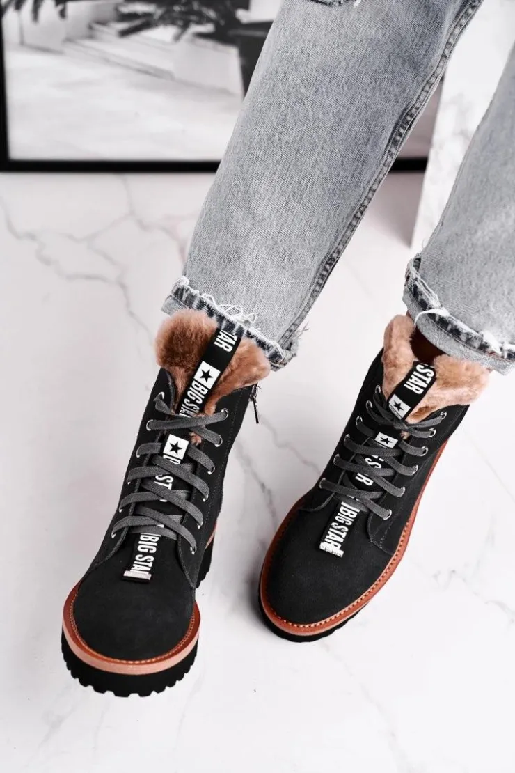 Hot Big Star Shoes Damskie Botki Trapery Zamszowe Big Star Szare GG274903