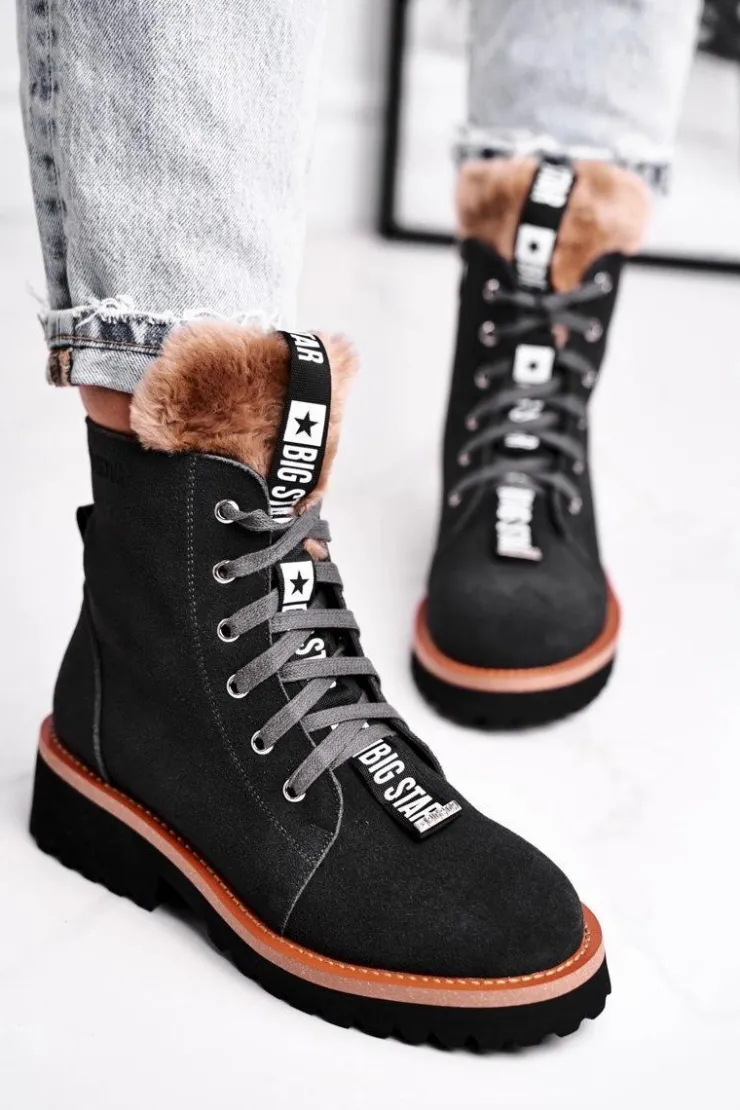 Hot Big Star Shoes Damskie Botki Trapery Zamszowe Big Star Szare GG274903