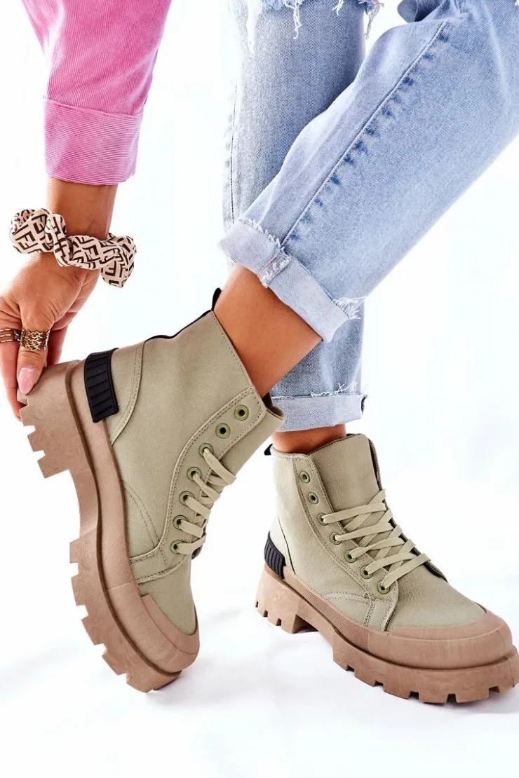 Boto Botki Sznurowane|Czarne Botki*Damskie Botki Trapery Zielone Any One