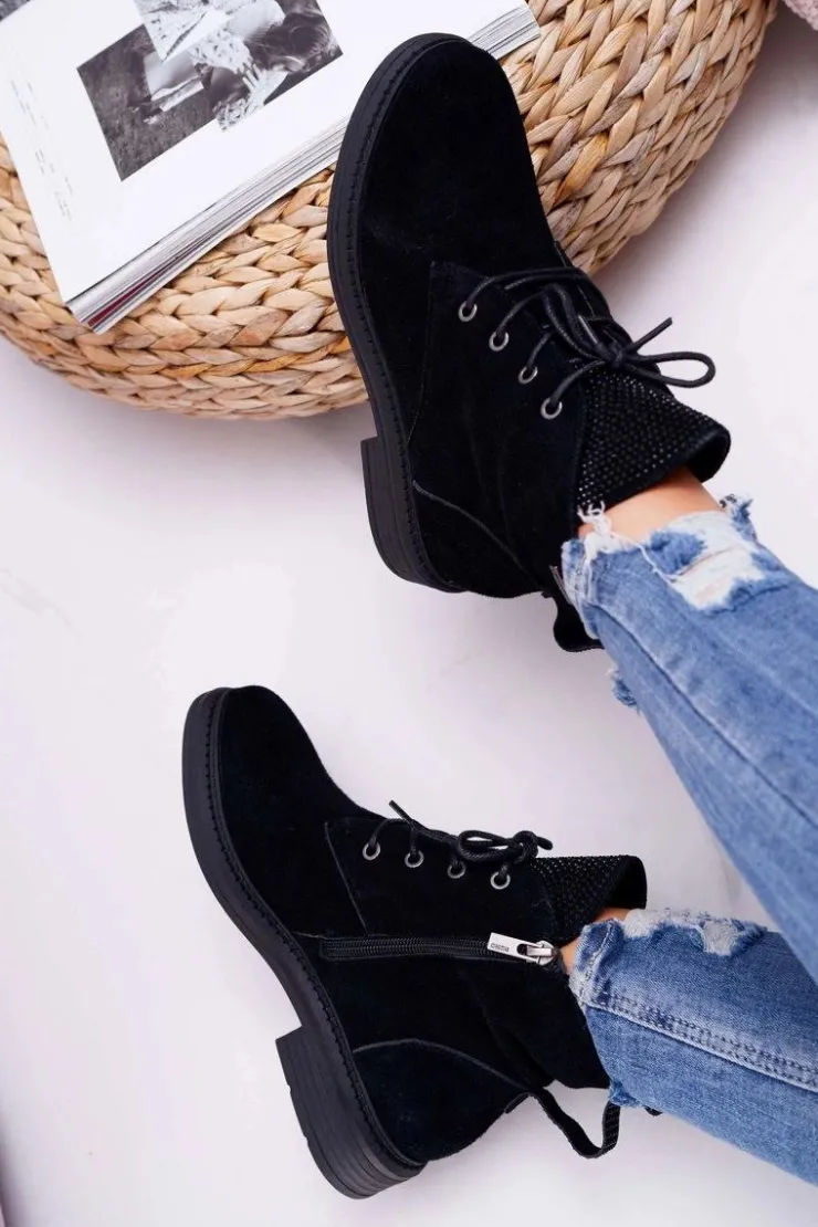 Damskie Big Star Shoes Damskie Botki Workery Big Star Skórzane Czarne EE274508