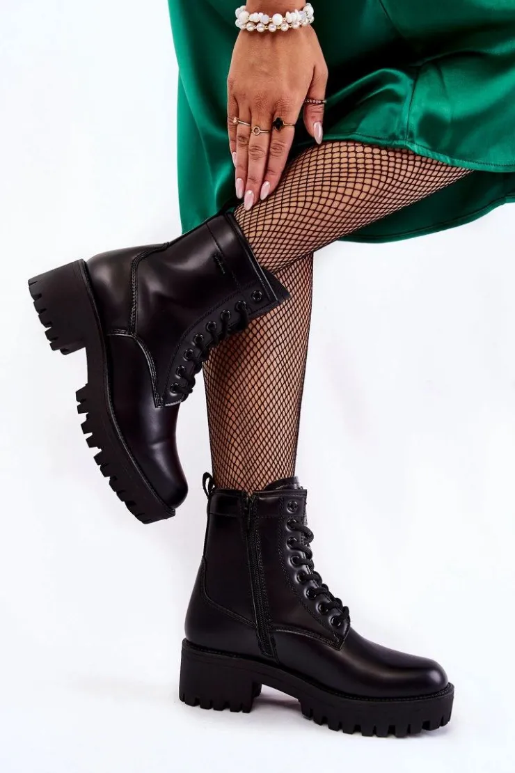 Cross Jeans Botki Sznurowane|Czarne Botki*Damskie Botki Workery KK2R4070C Czarne