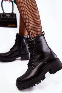 Cross Jeans Botki Sznurowane|Czarne Botki*Damskie Botki Workery KK2R4070C Czarne