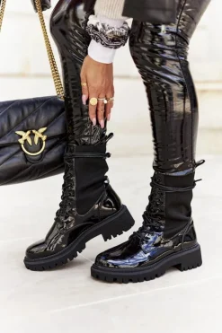 Boto Botki Sznurowane|Czarne Botki*Damskie Botki Workery Lakierowane Czarne Maxine