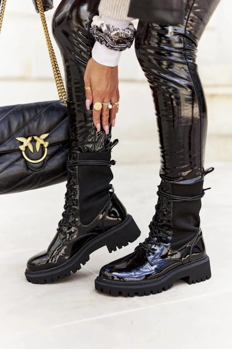 Boto Botki Sznurowane|Czarne Botki*Damskie Botki Workery Lakierowane Czarne Maxine