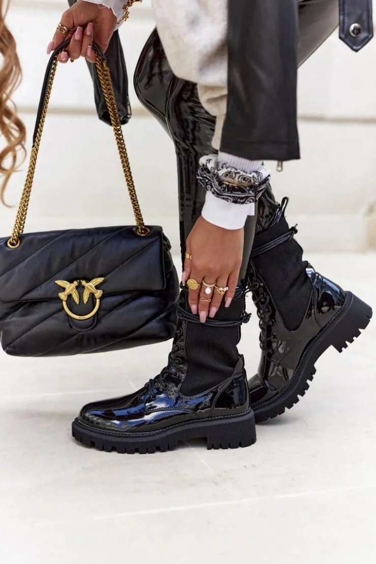 Boto Botki Sznurowane|Czarne Botki*Damskie Botki Workery Lakierowane Czarne Maxine