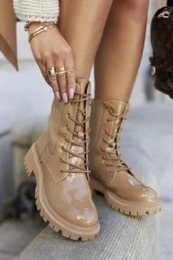 Damskie Boto Damskie Botki Workery Lakierowane Khaki Maxine