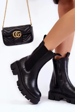 Evento Czarne Botki|Botki Zimowe Damskie*Damskie Botki Workery Na Platformie Czarne Aliana