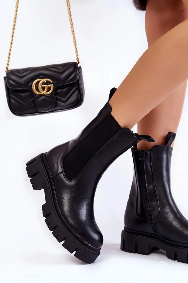 Evento Czarne Botki|Botki Zimowe Damskie*Damskie Botki Workery Na Platformie Czarne Aliana