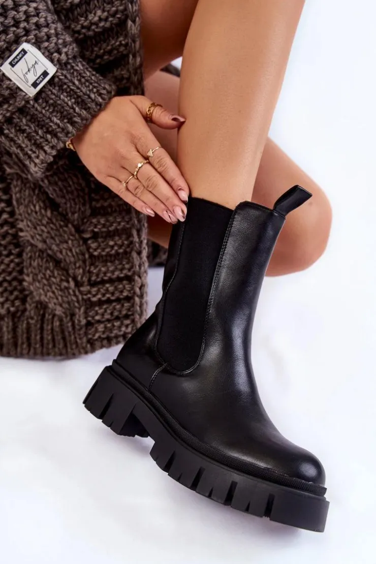 Evento Czarne Botki|Botki Zimowe Damskie*Damskie Botki Workery Na Platformie Czarne Aliana
