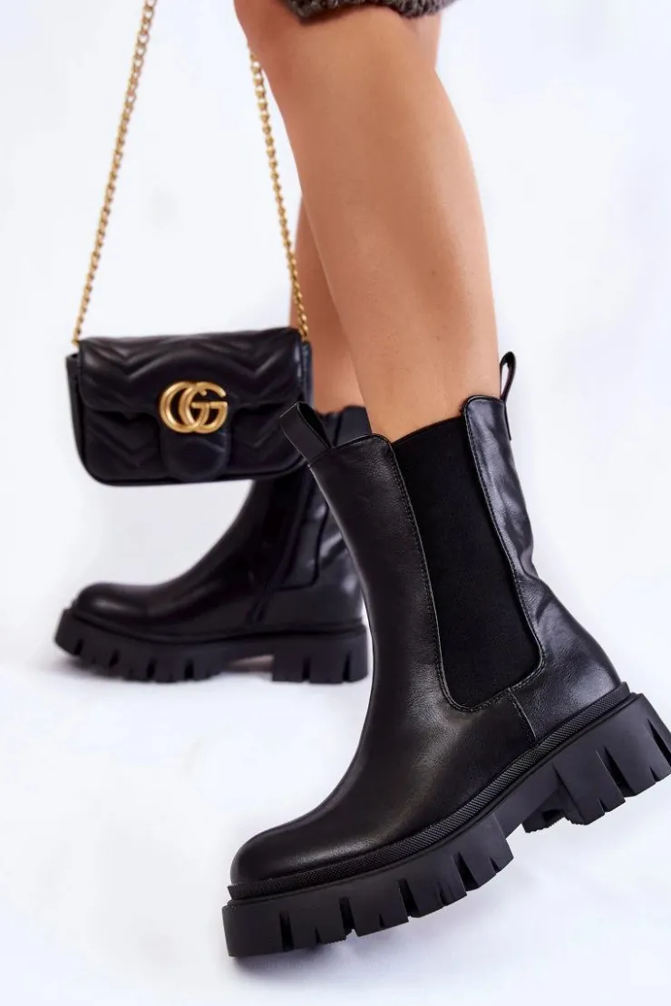 Evento Czarne Botki|Botki Zimowe Damskie*Damskie Botki Workery Na Platformie Czarne Aliana