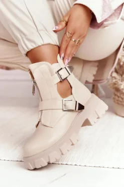 Boto Botki Wiosenne|Czarne Botki*Damskie Botki Workery Na Platformie Beżowe Cosmic Love