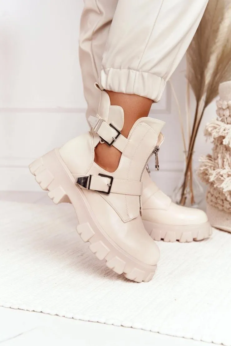 Boto Botki Wiosenne|Czarne Botki*Damskie Botki Workery Na Platformie Beżowe Cosmic Love