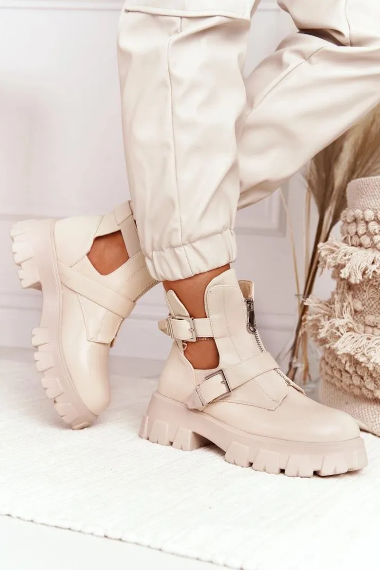 Boto Botki Wiosenne|Czarne Botki*Damskie Botki Workery Na Platformie Beżowe Cosmic Love