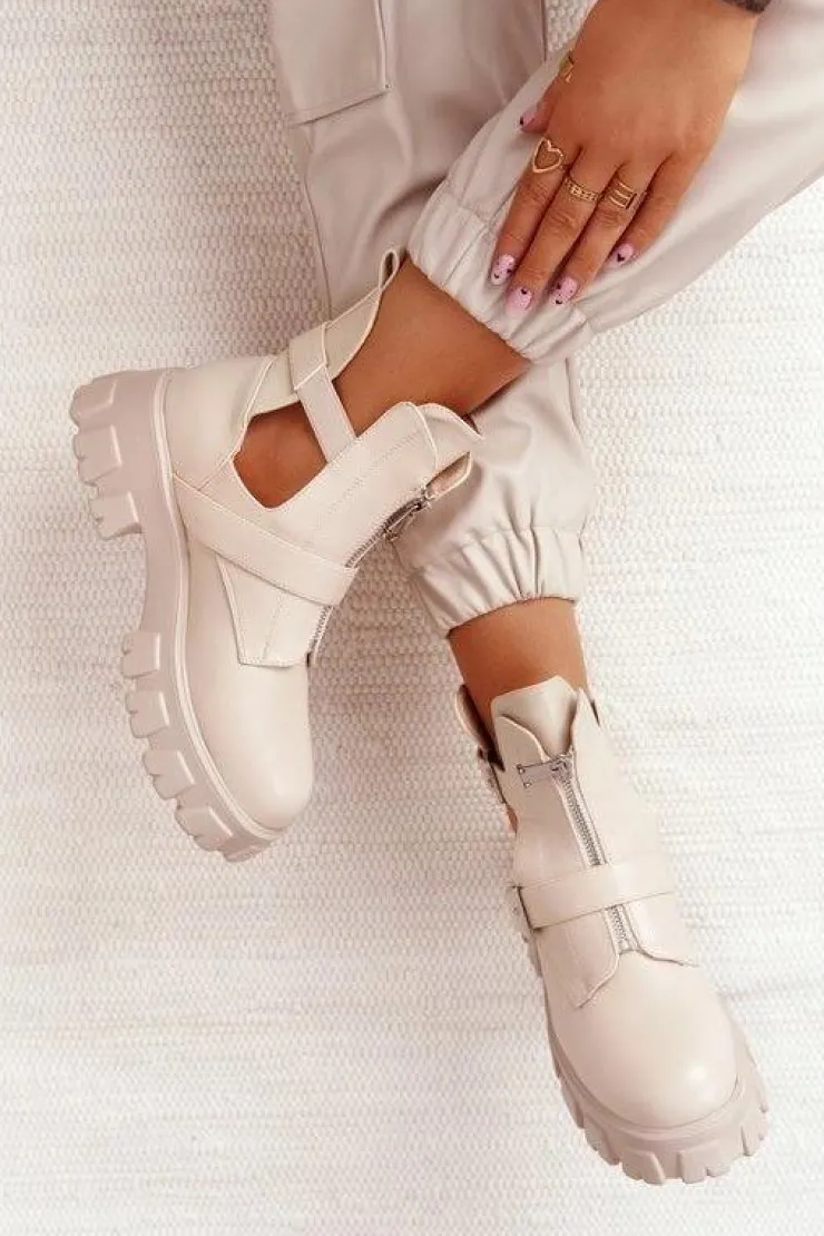 Boto Botki Wiosenne|Czarne Botki*Damskie Botki Workery Na Platformie Beżowe Cosmic Love