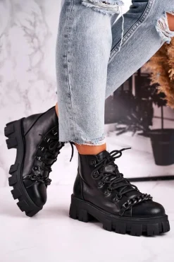 New Boto Damskie Botki Workery Na Platformie Czarne Chain