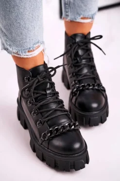 New Boto Damskie Botki Workery Na Platformie Czarne Chain