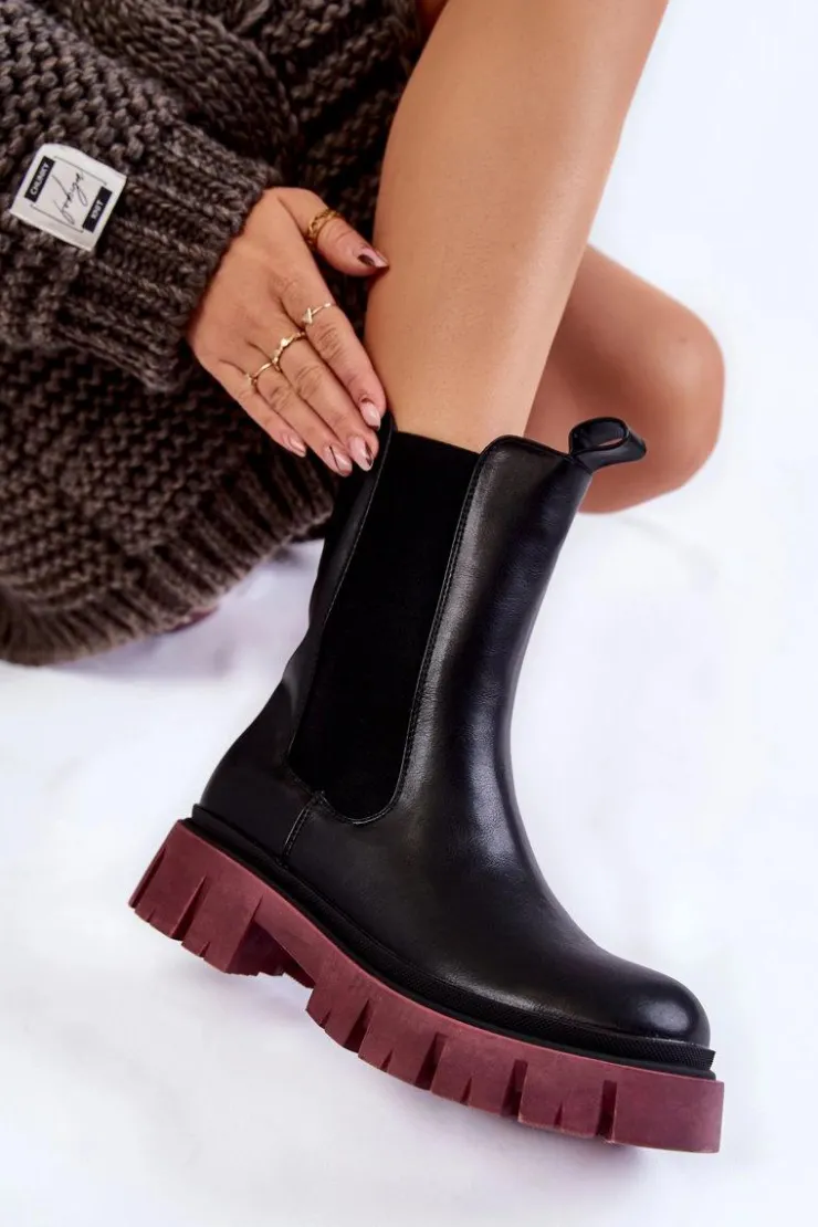 Sale Evento Damskie Botki Workery Na Platformie Czarno-Bordowe Aliana