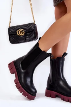 Sale Evento Damskie Botki Workery Na Platformie Czarno-Bordowe Aliana