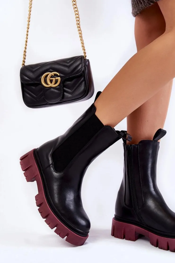 Sale Evento Damskie Botki Workery Na Platformie Czarno-Bordowe Aliana