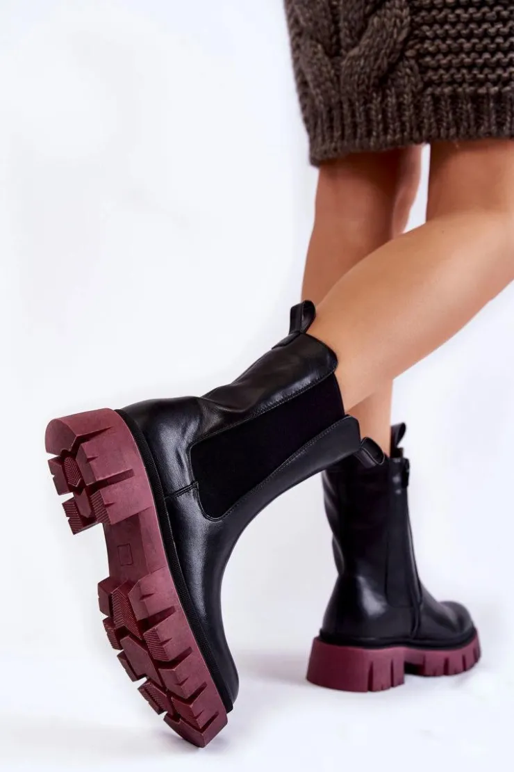 Sale Evento Damskie Botki Workery Na Platformie Czarno-Bordowe Aliana