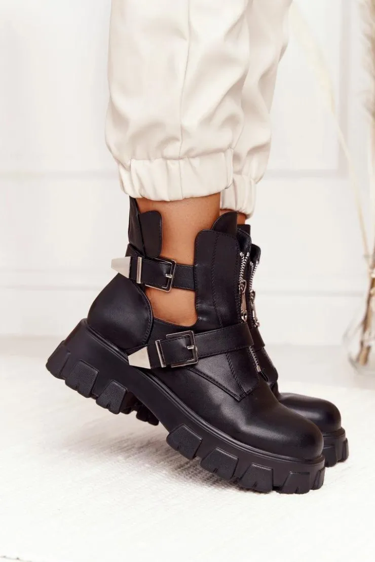 Damskie Boto Damskie Botki Workery Na Platformie Czarne Cosmic Love