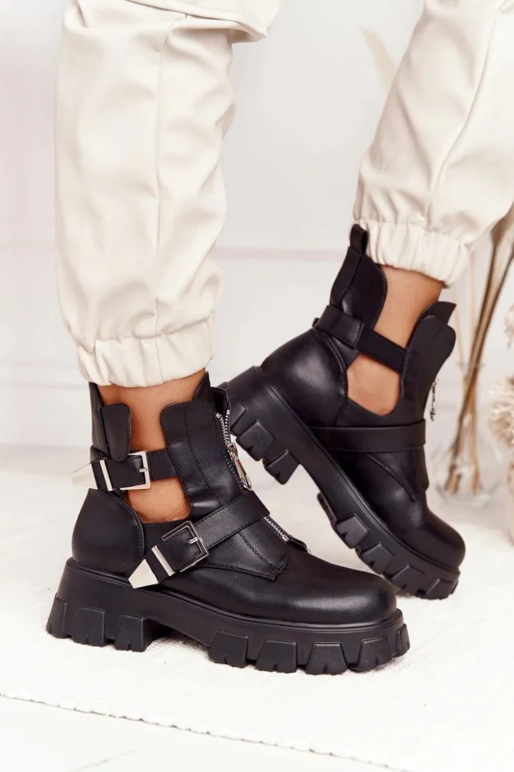 Damskie Boto Damskie Botki Workery Na Platformie Czarne Cosmic Love