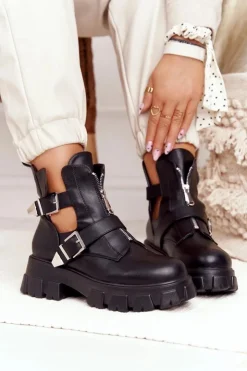 Damskie Boto Damskie Botki Workery Na Platformie Czarne Cosmic Love