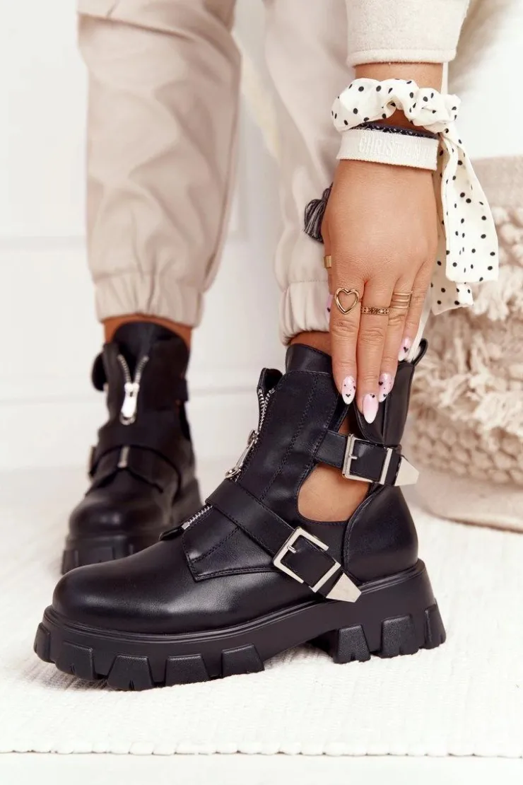 Damskie Boto Damskie Botki Workery Na Platformie Czarne Cosmic Love
