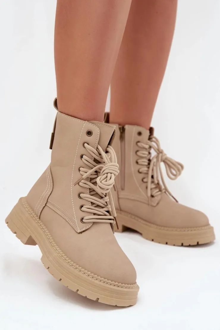 Outlet Boto Damskie Botki Workery Na Zamek Beżowe Tirina Beżowy