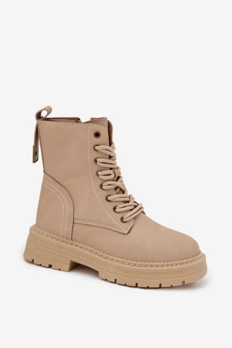 Outlet Boto Damskie Botki Workery Na Zamek Beżowe Tirina Beżowy