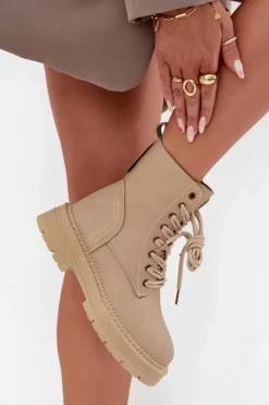 Outlet Boto Damskie Botki Workery Na Zamek Beżowe Tirina Beżowy