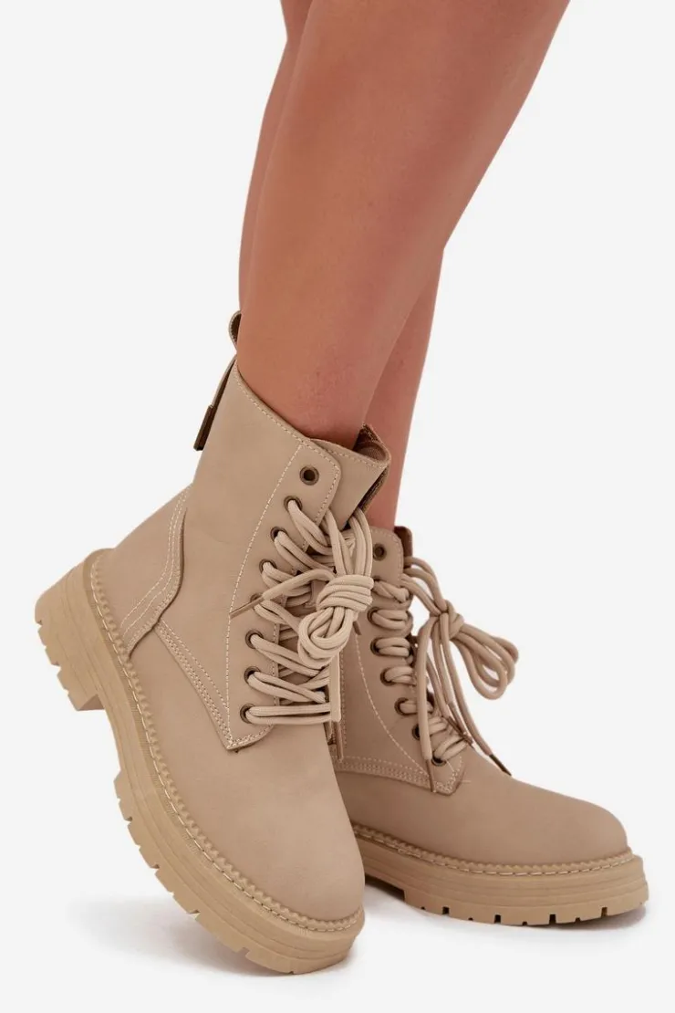 Outlet Boto Damskie Botki Workery Na Zamek Beżowe Tirina Beżowy