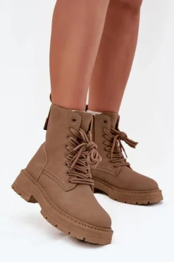 Boto Damskie Trapery|Botki Sznurowane*Damskie Botki Workery Na Zamek Ciemnobeżowe Tirina Beżowy