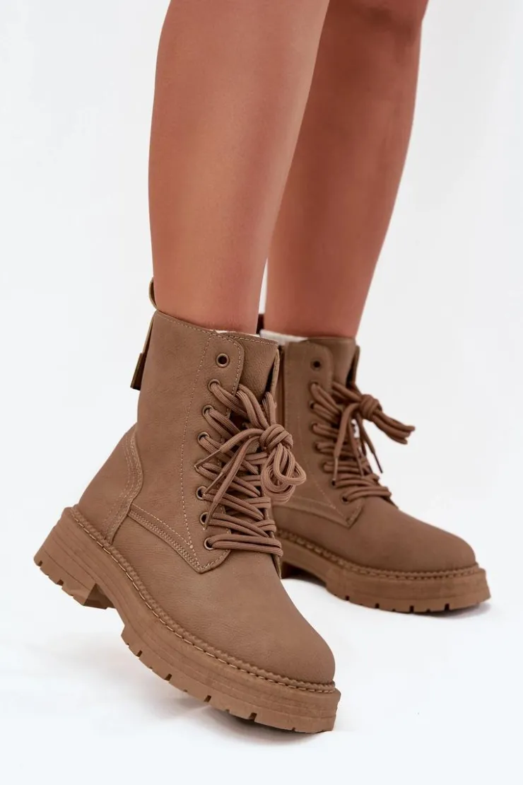 Boto Damskie Trapery|Botki Sznurowane*Damskie Botki Workery Na Zamek Ciemnobeżowe Tirina Beżowy