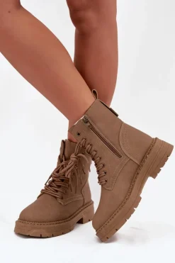 Boto Damskie Trapery|Botki Sznurowane*Damskie Botki Workery Na Zamek Ciemnobeżowe Tirina Beżowy