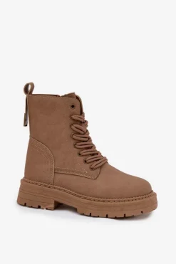 Boto Damskie Trapery|Botki Sznurowane*Damskie Botki Workery Na Zamek Ciemnobeżowe Tirina Beżowy