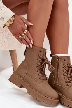 Boto Damskie Trapery|Botki Sznurowane*Damskie Botki Workery Na Zamek Ciemnobeżowe Tirina Beżowy