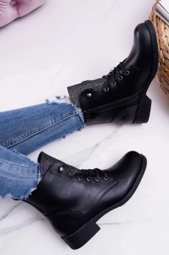 Damskie Boto Damskie Botki Workery Płaski Obcas Czarne Flumen