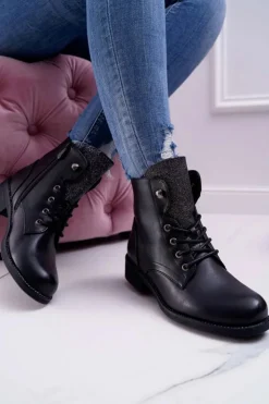 Damskie Boto Damskie Botki Workery Płaski Obcas Czarne Flumen