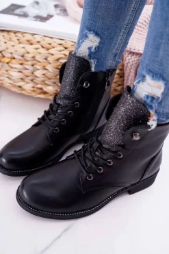 Damskie Boto Damskie Botki Workery Płaski Obcas Czarne Flumen