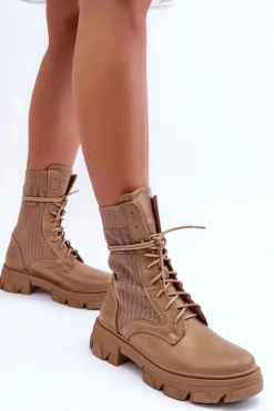 Boto Botki Sznurowane|Brązowe I Beżowe Botki*Damskie Botki Workery Sznurowane Ciemnobeżowe Marlissa Beżowy