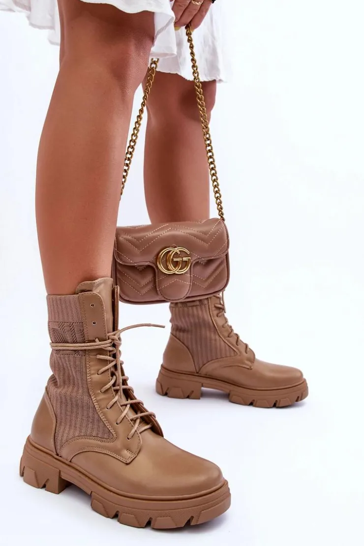 Boto Botki Sznurowane|Brązowe I Beżowe Botki*Damskie Botki Workery Sznurowane Ciemnobeżowe Marlissa Beżowy