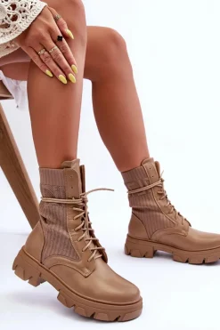 Boto Botki Sznurowane|Brązowe I Beżowe Botki*Damskie Botki Workery Sznurowane Ciemnobeżowe Marlissa Beżowy
