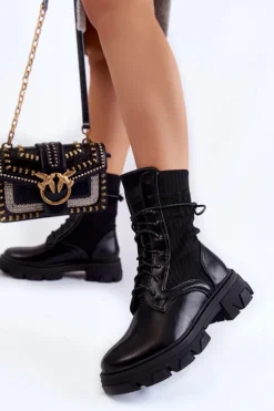 Boto Damskie Botki Workery Sznurowane Czarne Marlissa