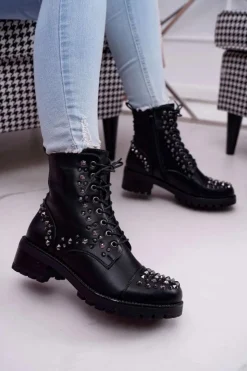 Boto Botki Sznurowane|Botki Zimowe Damskie*Damskie Botki Workery Z Dżetami Czarne Gether